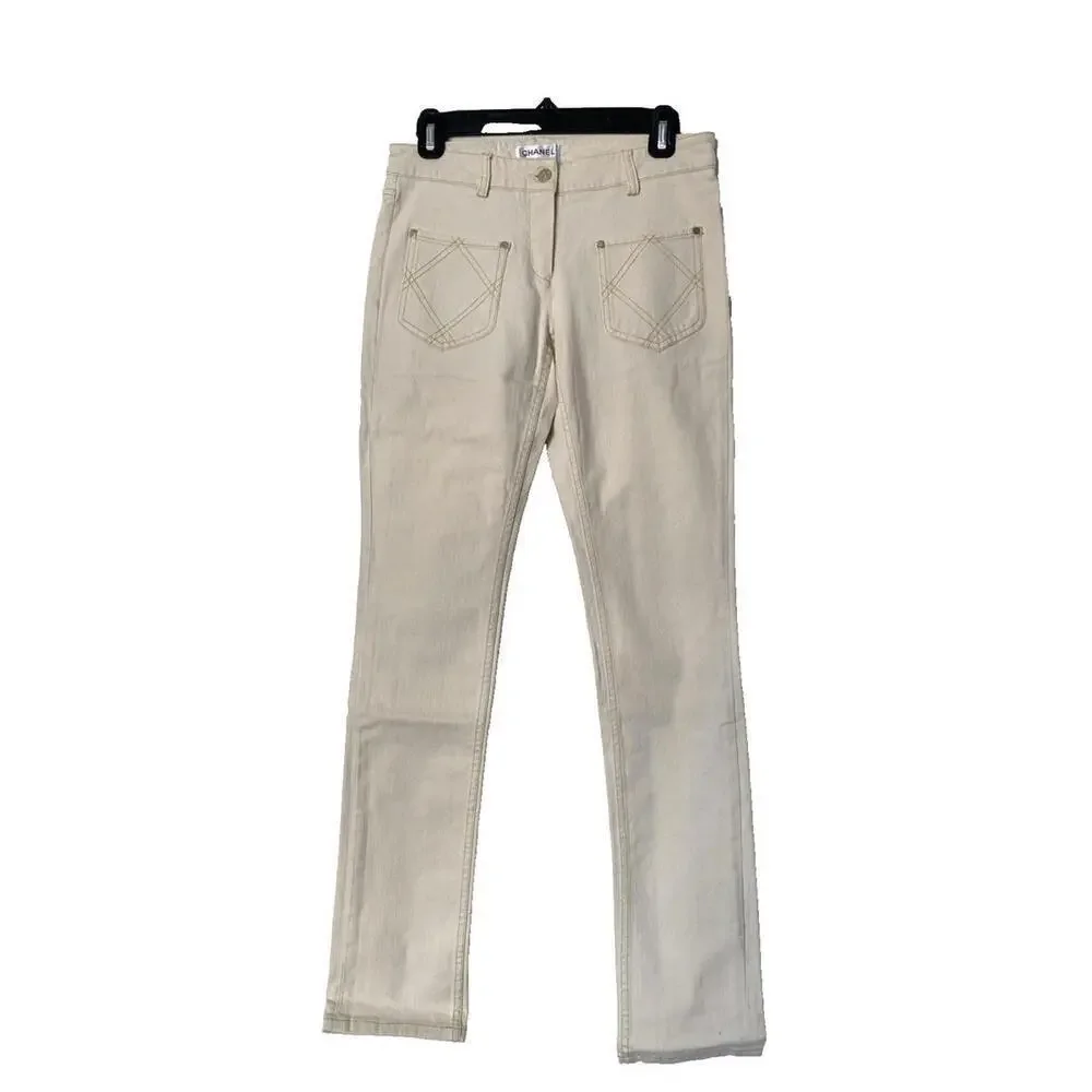 Vintage 07P CHANEL FR-36 Slim Leg Cream Cotton Jeans Pants 2007